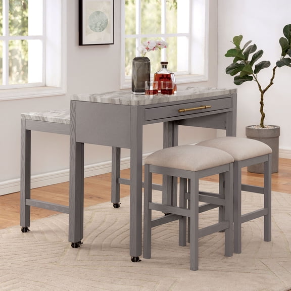 CoSoTower Rustic 3pc Dining Set Counter Height Dining Table W Storage Drawer Faux Marble Top 2X Stools Light Gray Dining Room Furniture
