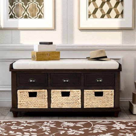 CoSoTower Rustic Storage Entryway Bench with 3 Drawers and Rattan Baskets, Solid Wood Shoe Storage Bench with Removable Cushion for Living Room, Entryway, Easy to Assemble