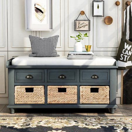 CoSoTower Rustic Storage Entryway Bench with 3 Drawers and Rattan Baskets, Solid Wood Shoe Storage Bench with Removable Cushion for Living Room, Entryway, Easy to Assemble
