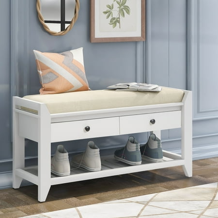CoSoTower Shoe Rack With Cushioned Seat And Drawers, Multipurpose Entryway Storage Bench, White