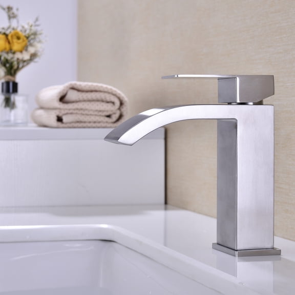 CoSoTower Single Handle Waterfall Bathroom Vanity Sink Faucet with Extra Large Rectangular Spout, Brushed Nickel