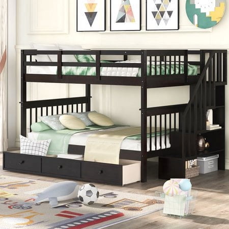 CoSoTower Stairway Twin Over Full Bunk Bed with Drawers, Storage Shelf and Guard Rail for Kids