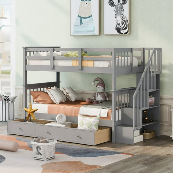CoSoTower Stairway Twin-Over-Twin Bunk Bed With Three Drawers For Bedroom, Dorm - Gray