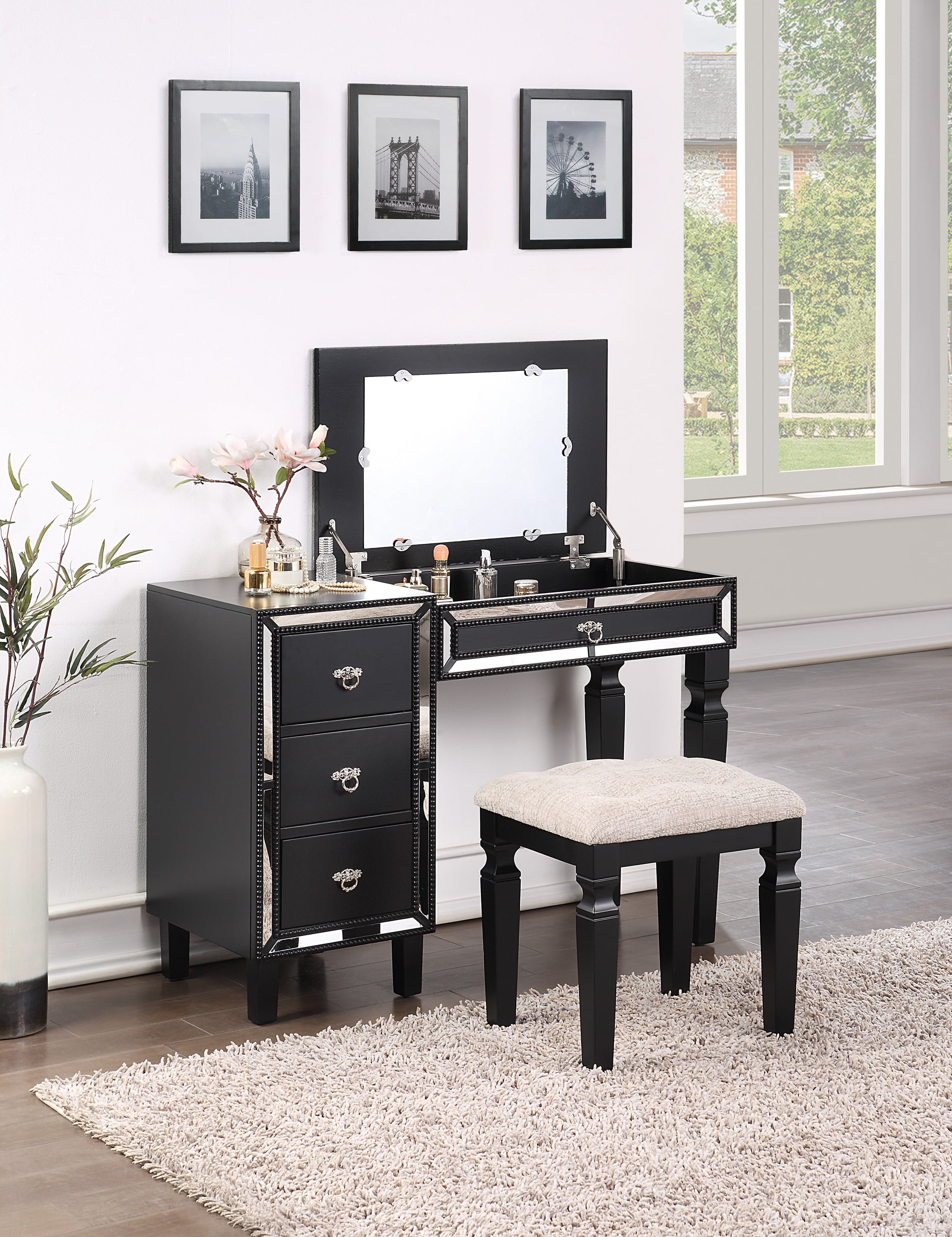 CoSoTower Traditional Formal Black Color Vanity Set W Stool Storage