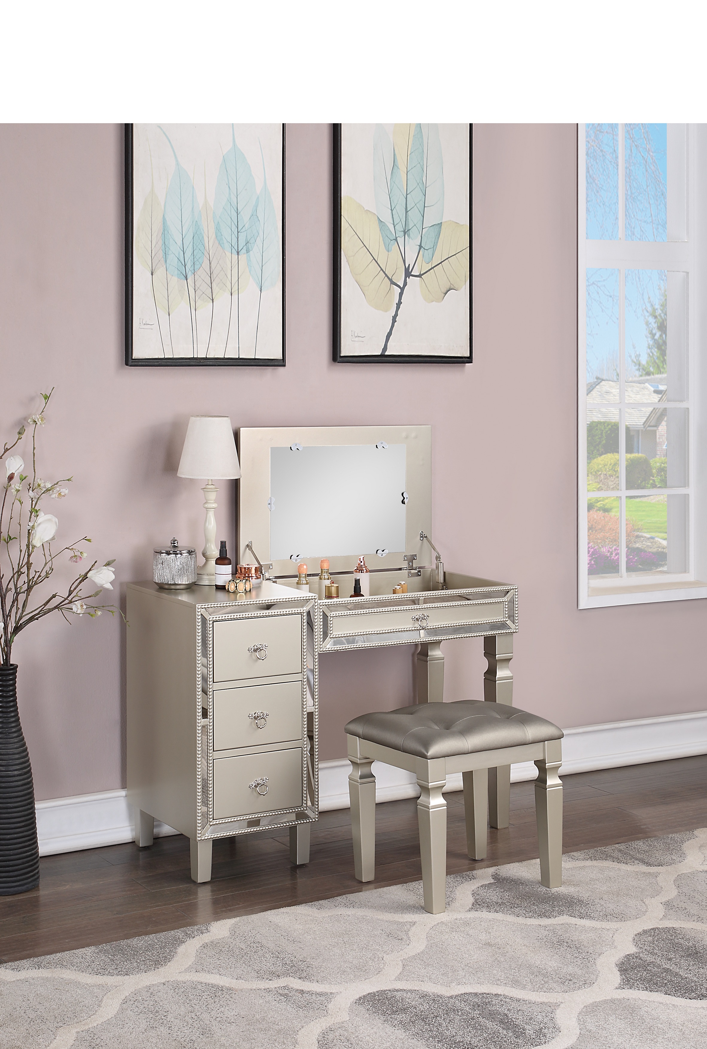 CoSoTower Traditional Formal Silver Color Vanity Set W Stool Storage