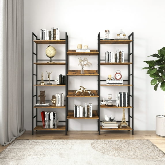 CoSoTower Triple Wide 5-shelf Bookshelves Industrial Retro Wooden Style Home and Office Large Open Bookshelves, Rustic Brown, 69.3’’W x 11.8’’D x 70.1’’H