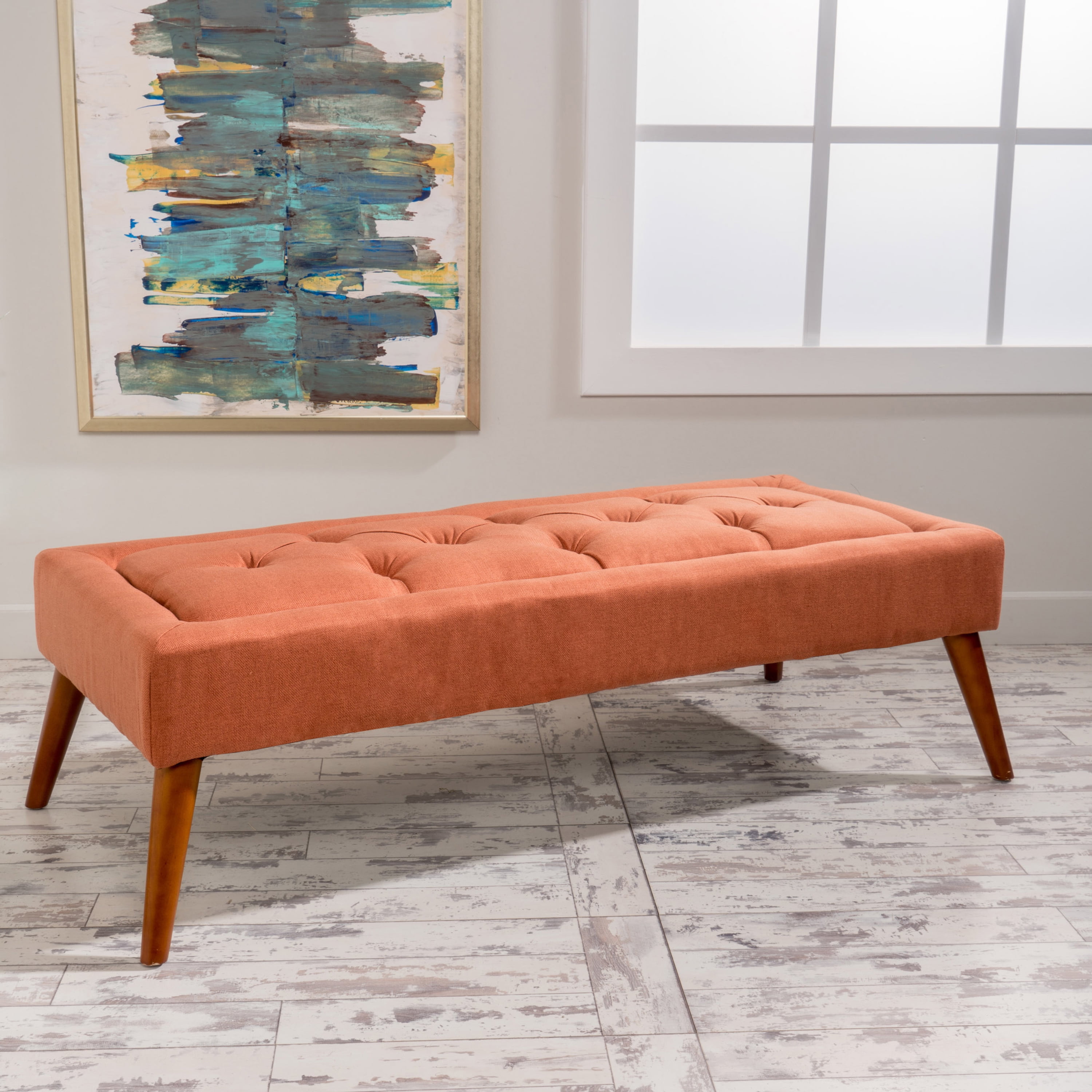 Mid-Century Modern Orange Tufted Rectangular Accent Ottoman