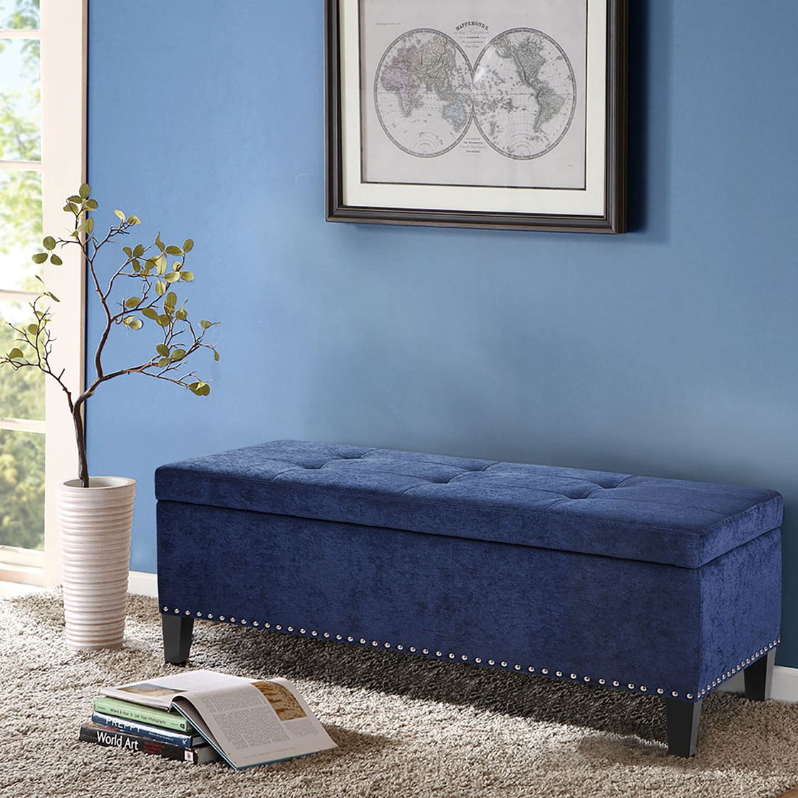 Blue Tufted Storage Bench with Espresso Wood Legs