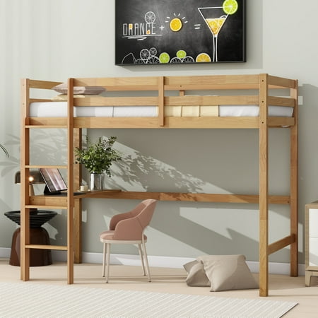 CoSoTower Twin High Loft Bed, Rubber Wood Loft Bed with Safety Guardrail, Built-In Desk, Ladder,White Oak