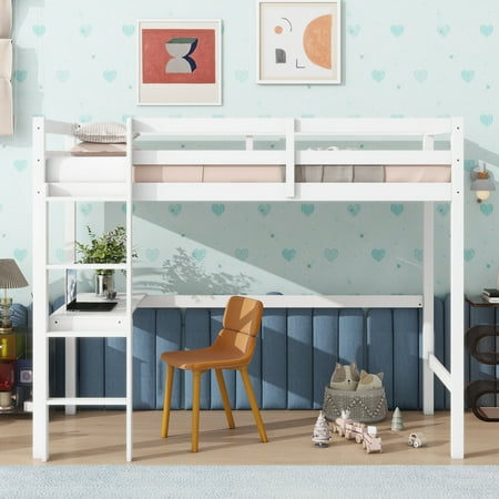 CoSoTower Twin High Loft Bed, Rubber Wood Loft Bed with Safety Guardrail, Built-In Desk, Ladder,White