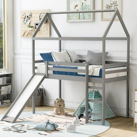CoSoTower Twin Loft Bed with Slide, House Bed with Slide, Gray