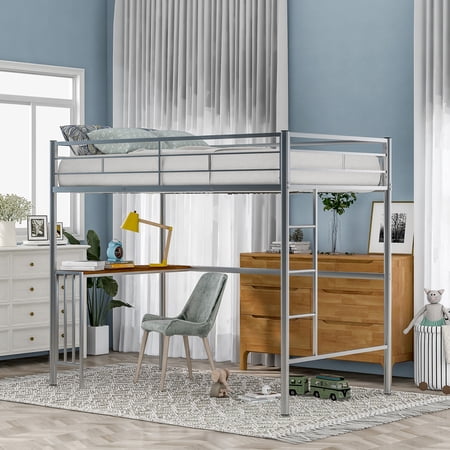 CoSoTower Twin Metal Bunk Bed With Desk, Ladder And Guardrails, Loft Bed For Bedroom, Silver