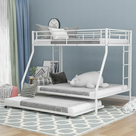 CoSoTower Twin Over Full Bed With Sturdy Steel Frame, Bunk Bed With Twin Size Trundle, Two-Side Ladders, White