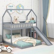 CoSoTower Twin Over Full House Bunk Bed With Slide And Built-In Ladder, Full-Length Guardrail, Gray