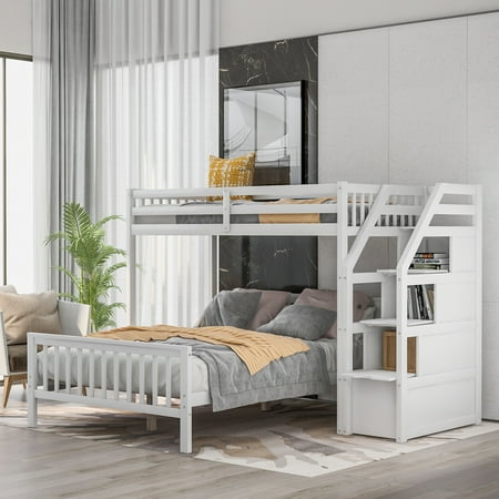 CoSoTower Twin Over Full Loft Bed With Staircase, White