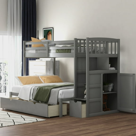 CoSoTower Twin Over Full/Twin Bunk Bed, Convertible Bottom Bed, Storage Shelves And Drawers, Gray