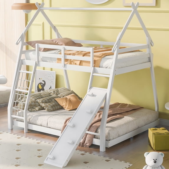 CoSoTower Twin Over Queen House Bunk Bed with Climbing Nets and Climbing Ramp, White