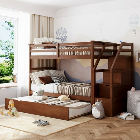 CoSoTower Twin-Over-Twin Bunk Bed With Twin Size Trundle And 3 Storage Stairs, Walnut