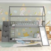 CoSoTower Twin Over Twin Bunk Bed with Drawers and Slide, House Bed with Slide, Gray