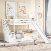 CoSoTower Twin Over Twin House Bunk Bed With Two Drawers And Slide, Storage Staircase, White