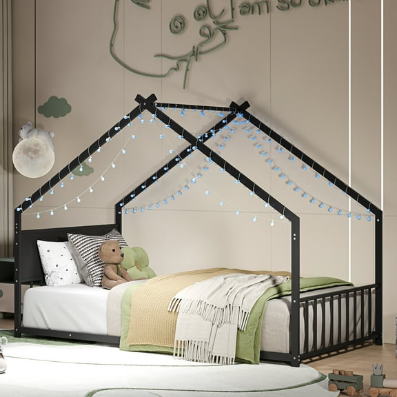 CoSoTower Twin Size House Bed with Roof and Colorful Lights, Metal Bed Frame with Slats and Legs, House Bed for Boy, Girls and Young Teens, No Box Spring Needed (Black)