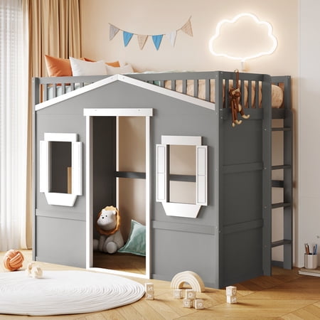 CoSoTower Twin Size House Loft Bed With Ladder-Gray+White Frame