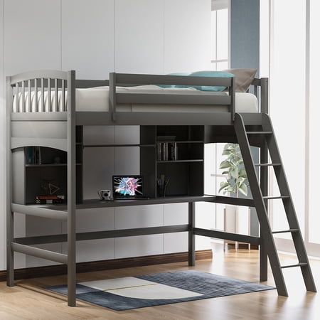 CoSoTower Twin Size Loft Bed With Storage Shelves, Desk And Ladder, Gray