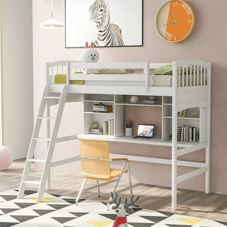 CoSoTower Twin Size Loft Bed With Storage Shelves, Desk And Ladder, White