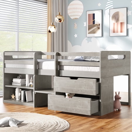 CoSoTower Twin Size Loft Bed With Two Shelves And Two Drawers, Antique Gray