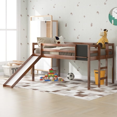 CoSoTower Twin Size Loft Bed Wood Bed With Slide, Stair And Chalkboard, Walnut