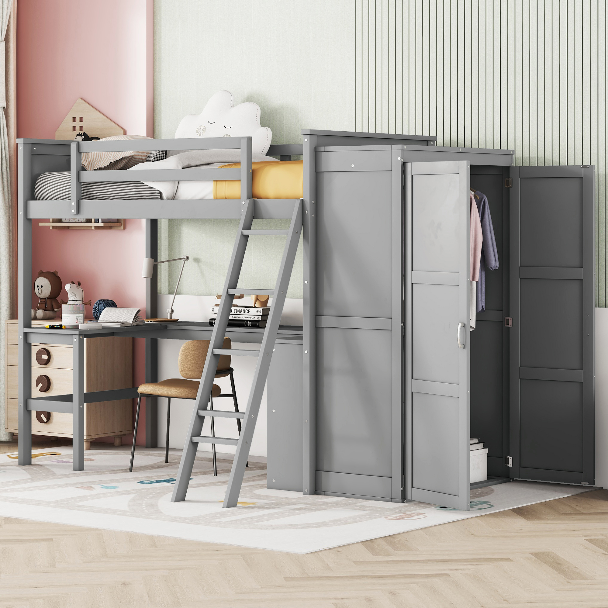 CoSoTower Twin Size Loft Bed with Desk, Shelves and Wardrobe-Gray ...