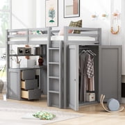 CoSoTower Twin Size Loft Bed with Drawers, Desk, And Wardrobe-Gray