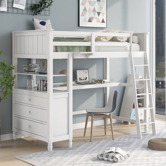 CoSoTower Twin Size Loft Bed with Drawers and Desk, Wooden Loft Bed with Shelve, White