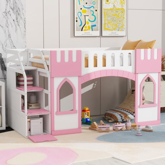 CoSoTower Twin Size Loft Bed with Storage Staircase and Window, Pink