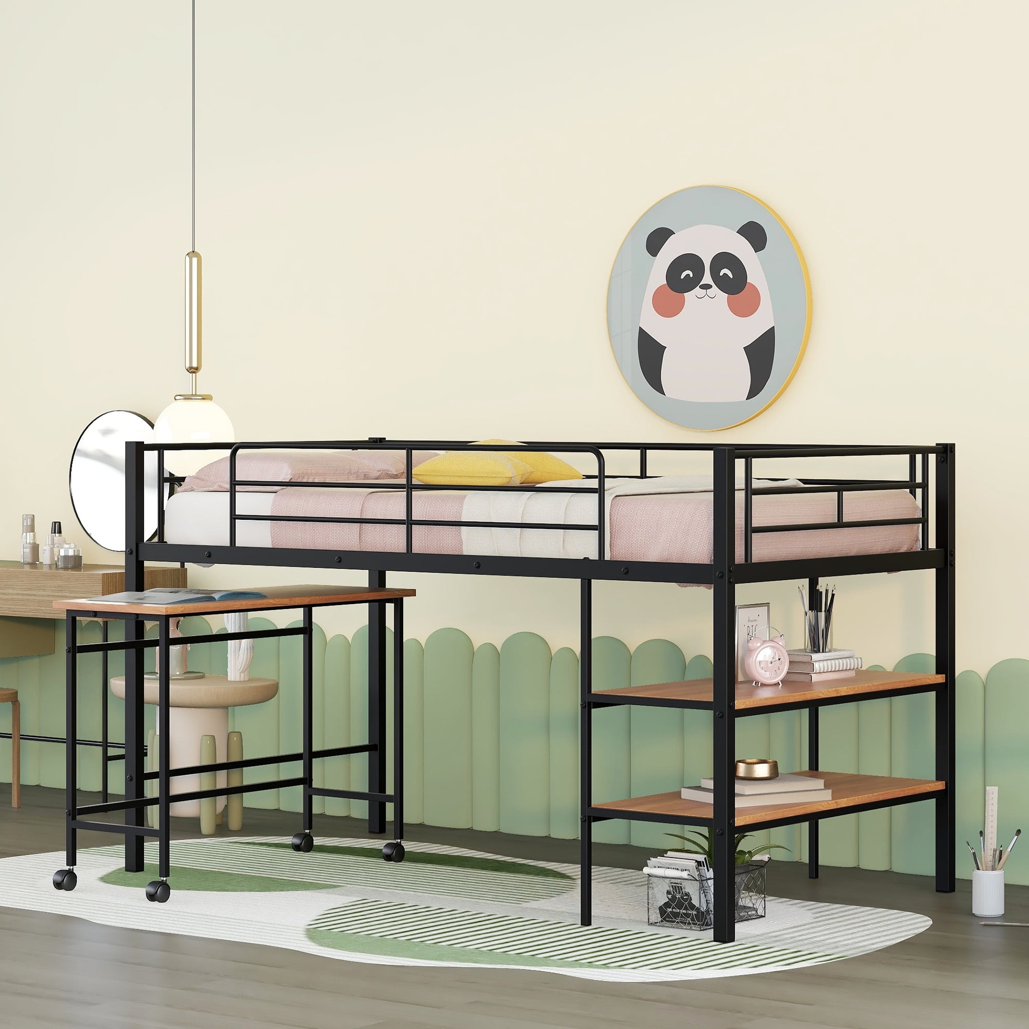 CoSoTower Twin Size Metal Loft Bed With Desk And Shelves, Black ...
