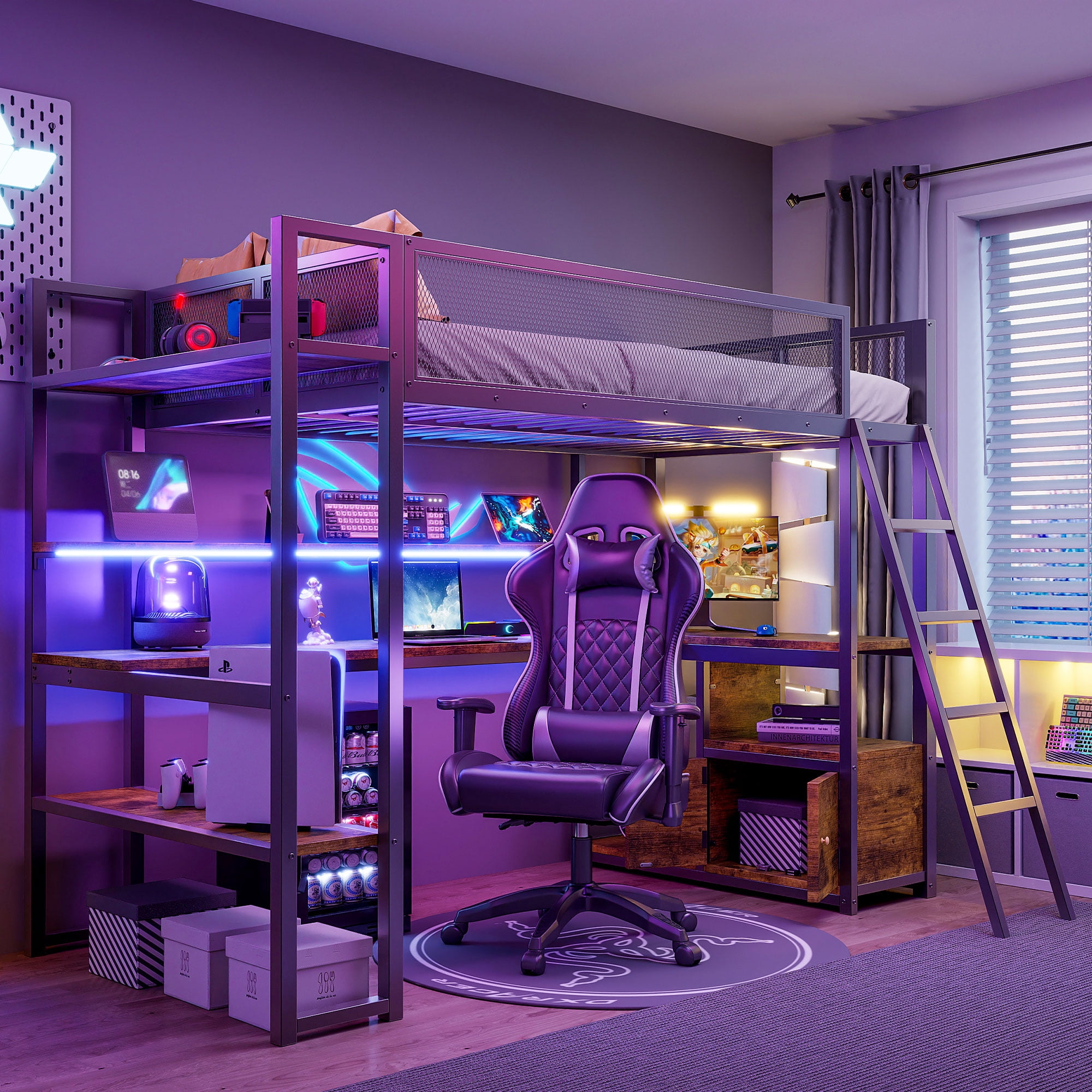 CoSoTower Twin Size Metal Loft Bed with Built-In Work Station, LED and ...
