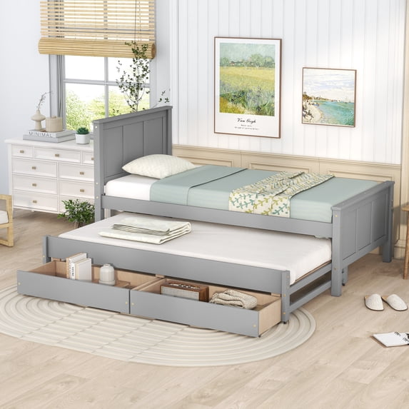 CoSoTower Twin Size Platform Bed with Trundle and Drawers, Gray