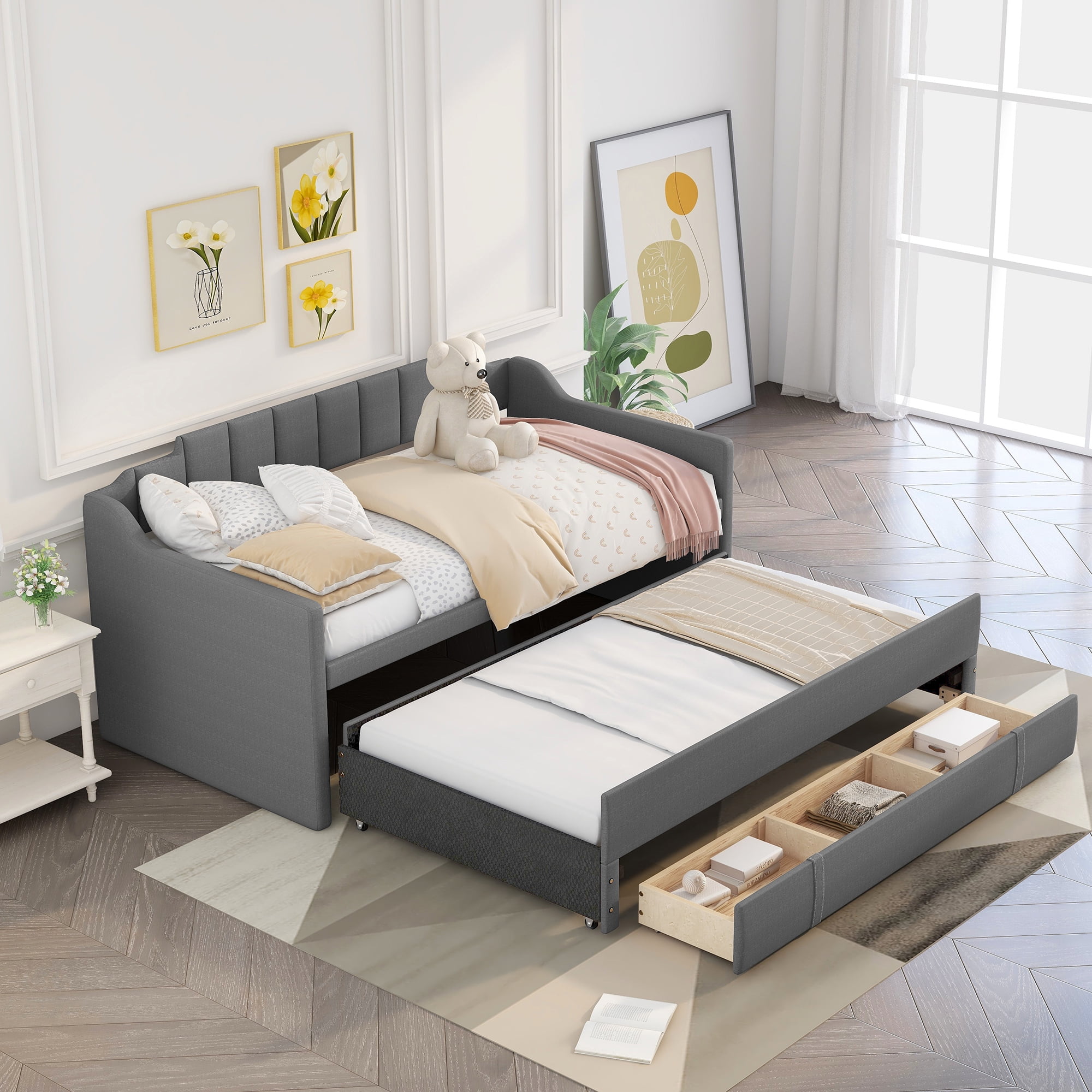 CoSoTower Twin Size Upholstered Daybed With Trundle And Three Drawers