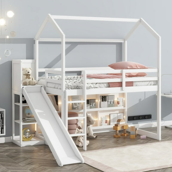 CoSoTower Twin Size Wood House Loft Bed with Slide, Storage Shelves and Light, White