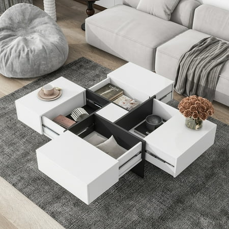 CoSoTower Unique Design Coffee Table with 4 Hidden Storage Compartments, Square Cocktail Table with Extendable Sliding Tabletop, Uv High-Gloss Design Center Table for Living Room, 31.5"X 31.5"