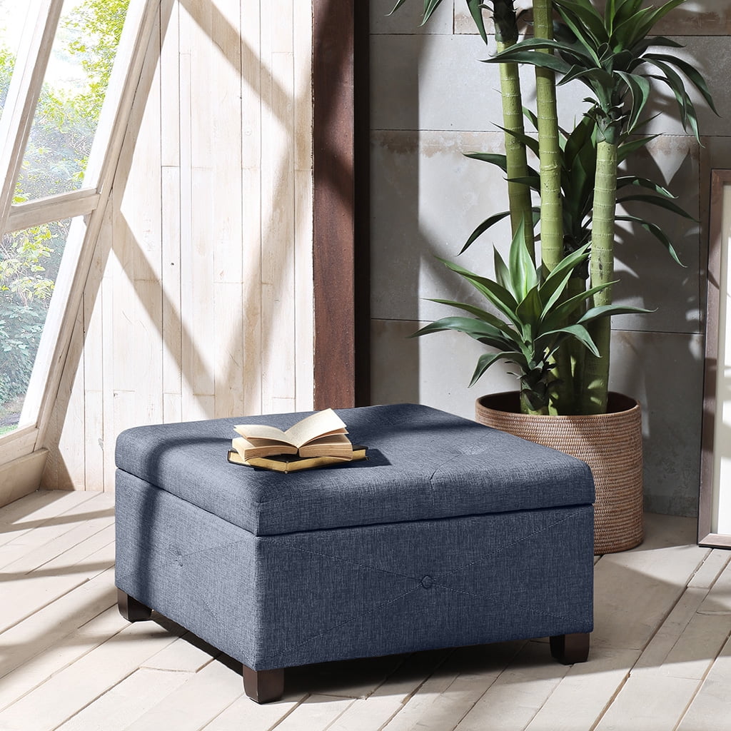 Blue Button Tufted Square Storage Ottoman with Dark Wood Legs