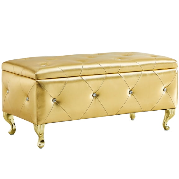 CoSoTower Upholstered Storage Ottoman Bench for Bedroom End of Bed Faux Leather Rectangular Storage Benches Footrest with Crystal Buttons for Living Room Entryway, Gold