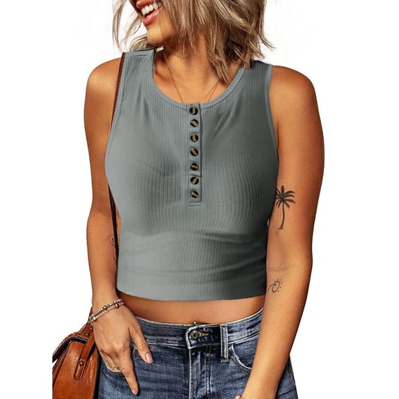 Yutnsbel Women Ribbed Scoop Neck Button Sleeveless Top Shirts Slim Fitted Casual Blouse Tunics