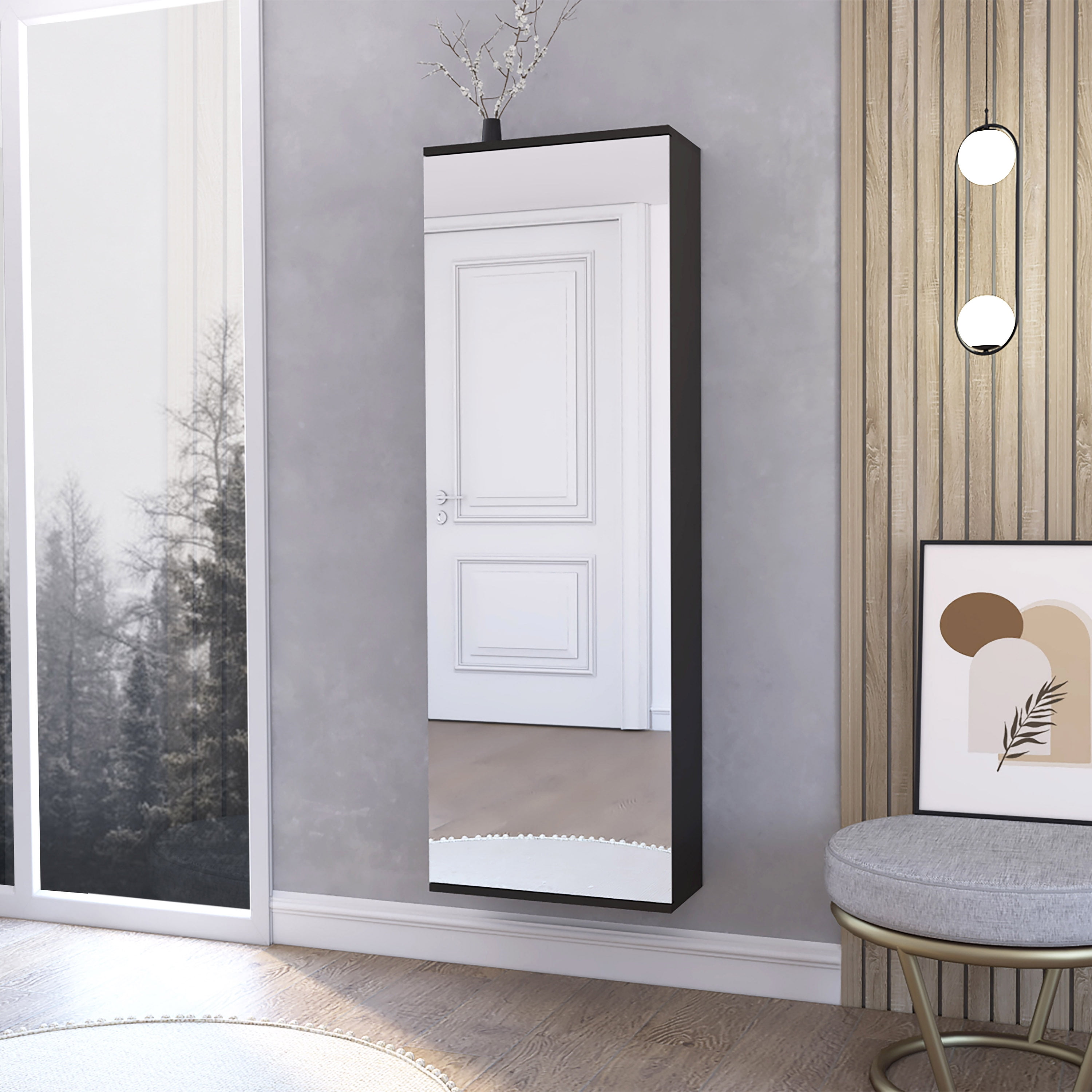 Black Wall Mounted Metal Shoe Rack with Mirror Door