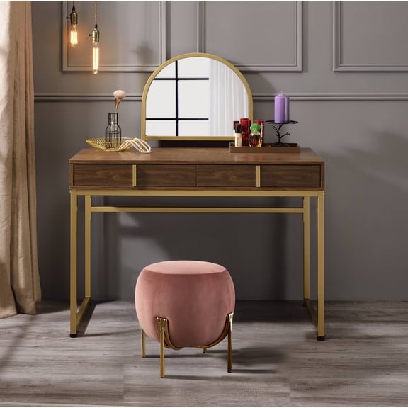CoSoTower Walnut & Gold Finish Vanity Desk W/Mirror & Jewelry Tray