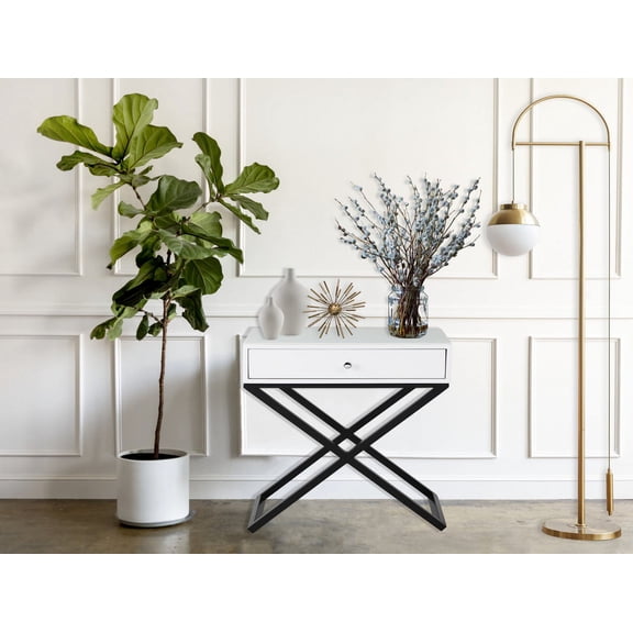 CoSoTower White Wooden End Side Table Nightstand with Glass Top, Drawer and Metal Cross Base