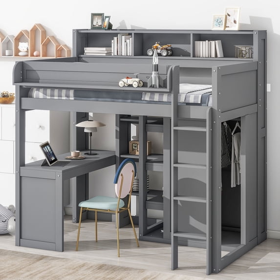 CoSoTower Wood Twin Size Loft Bed with Multiple Storage Shelves and Wardrobe, Gray
