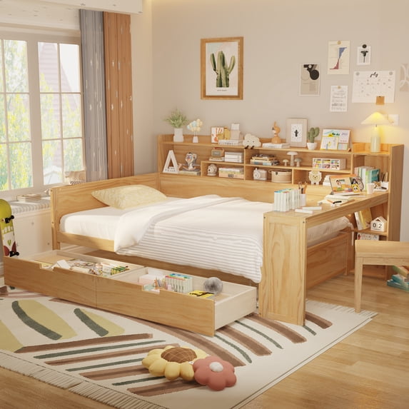 CoSoTower Wooden Full Size Daybed with Storage Shelves, Multi-Functional Bed with Two Storage Drawers and Study Desk, Natural