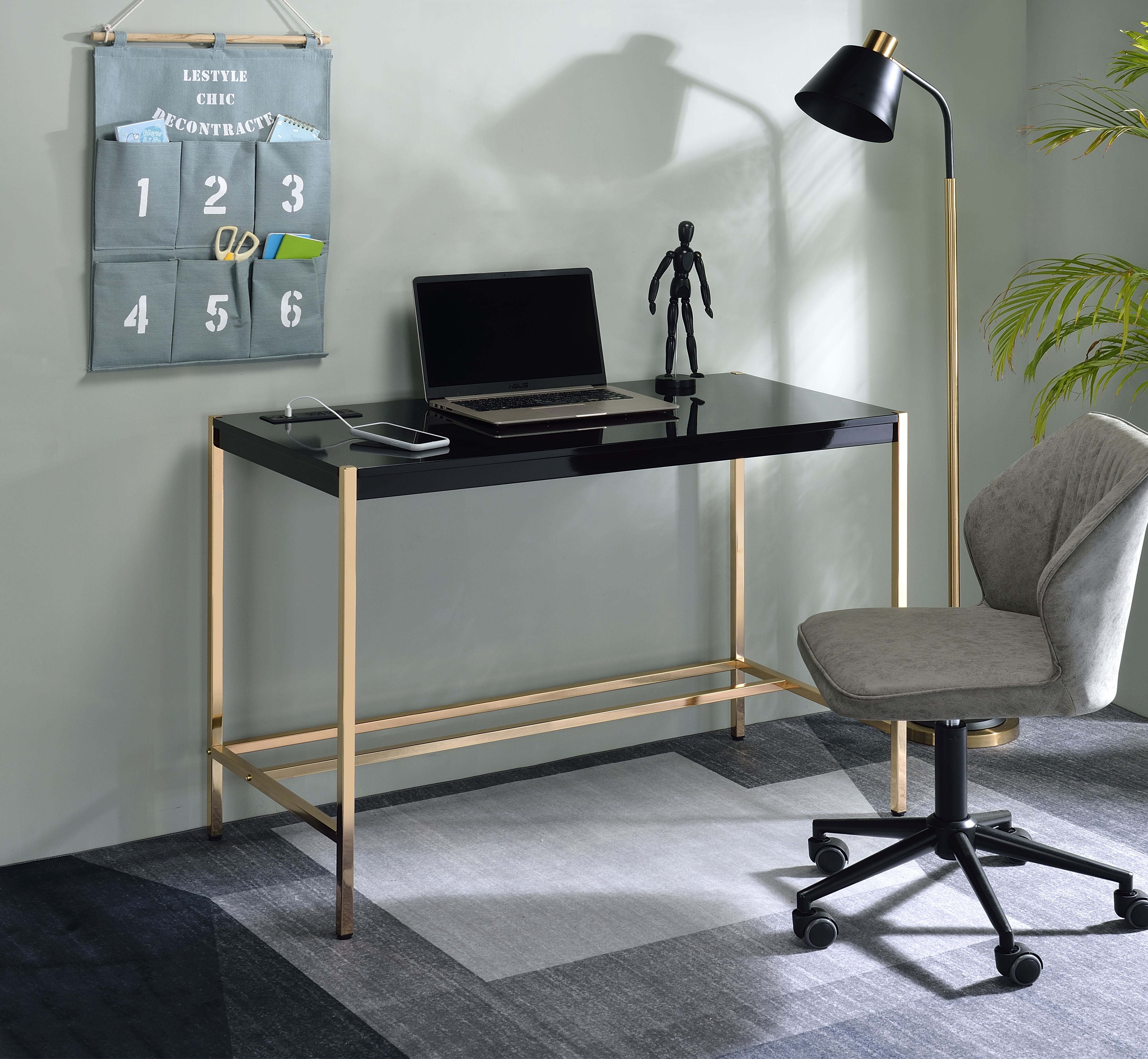 Sleek 45" Black Wood Writing Desk with USB Port and Filing Cabinet