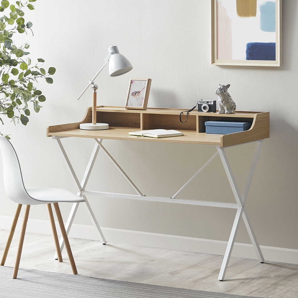 Blonde Wood and White Metal Writing Desk with Storage